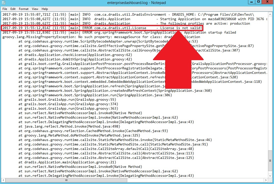 Missing license key file error when starting DevTest Enterprise Dashboard