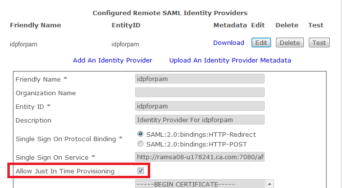 IdP configuration with JIT checkbox