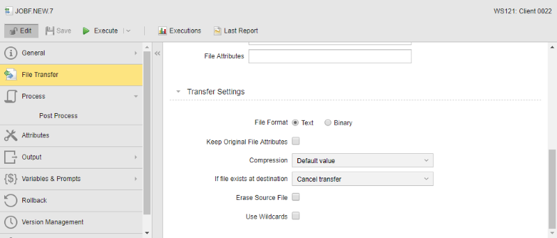 "Transfer Settings" settings of a JOBF