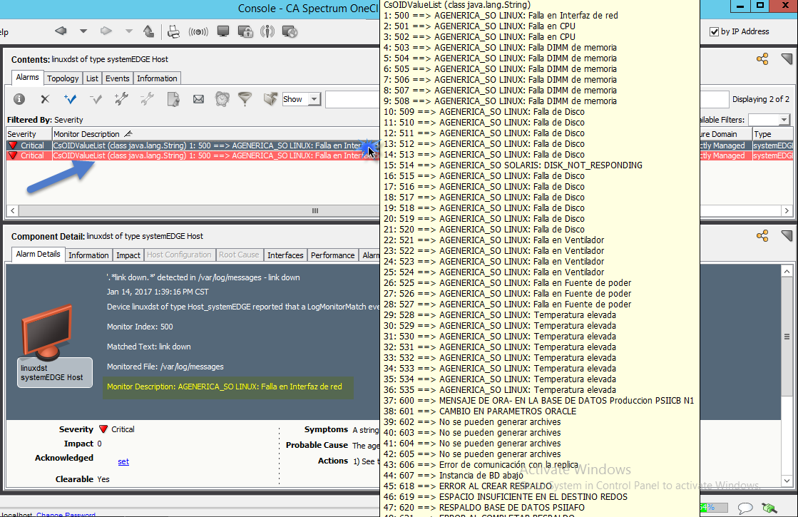 CA Spectrum logMonitorDescr Alarm