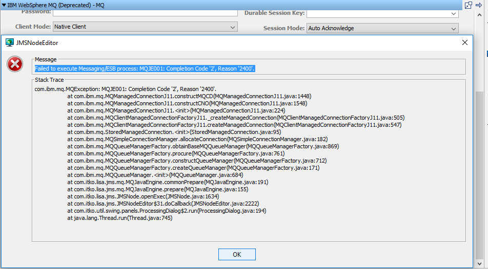 IBM Websphere MQ error: Failed to execute Messaging/ESB