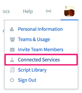 Runscope account highlighting the Connected Services option on the dropdown after clicking on the user's profile on the top right