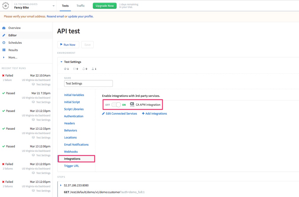 Runscope API test, showing an expanded environment settings with the Integrations tab selected, and the newly connected CA APM integration toggled on