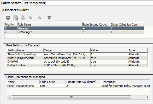 Port management policy screen shot for managed ports