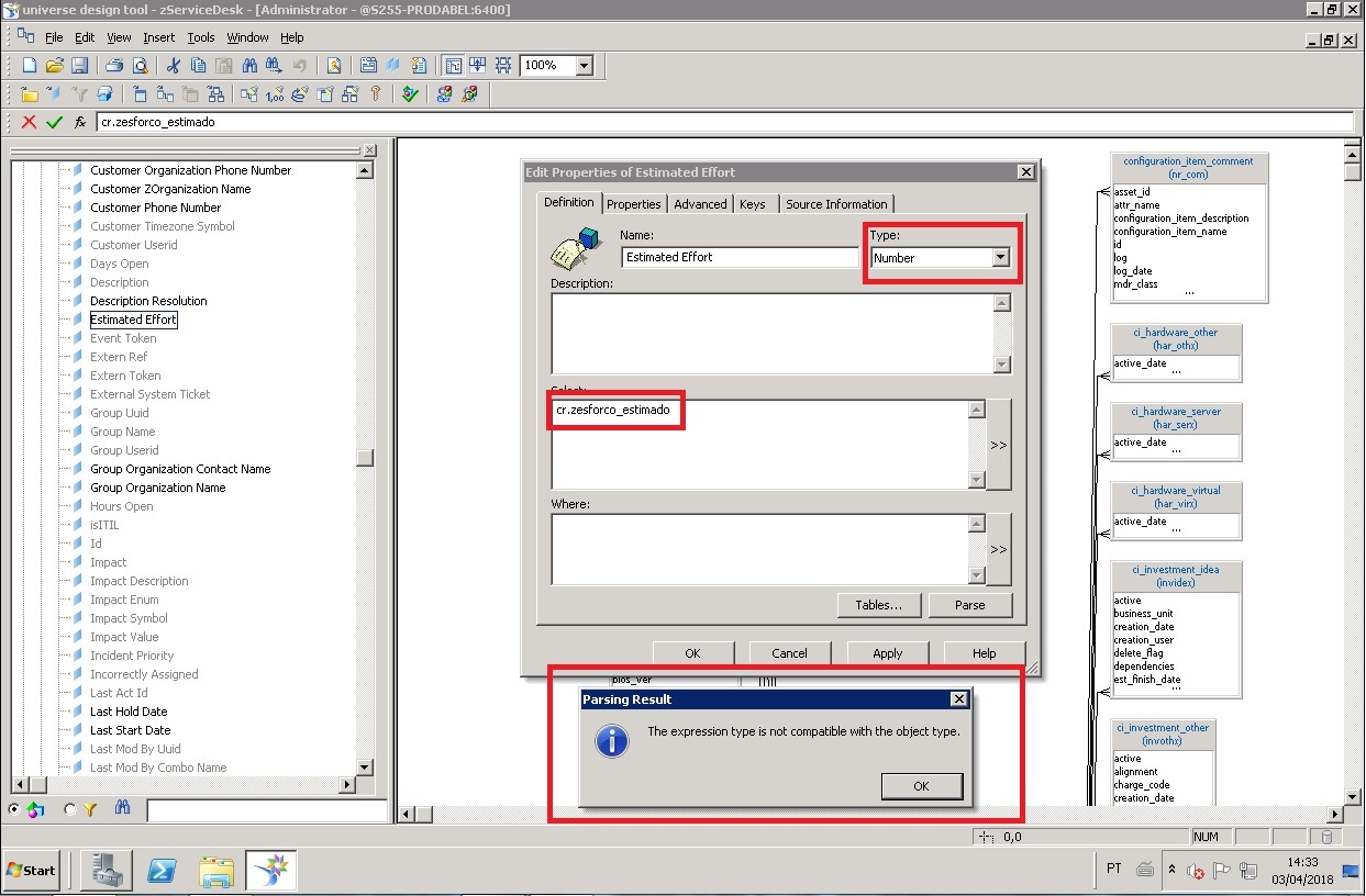 Error create new field in Universe Design Tool CA Service Management