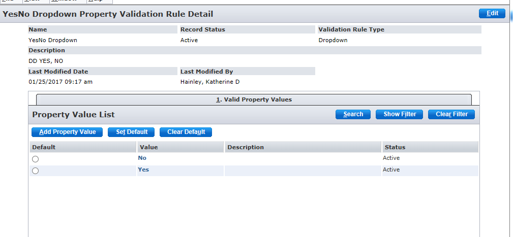 Category Properties Validation Rule - YesNo Dropwdown