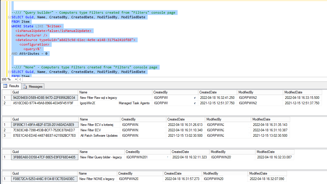 SQL query to get Filter Query mode information | IT Management Suite