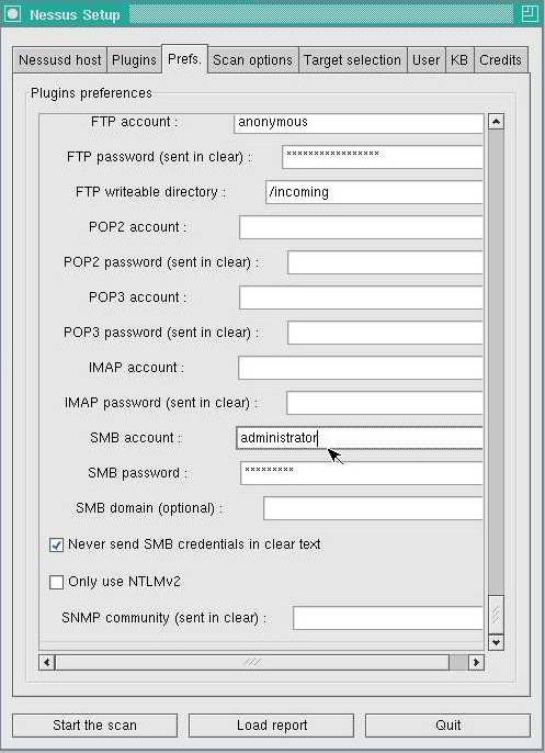 Figure 4a: Entering a Windows Username in the Nessus' Unix GUI.