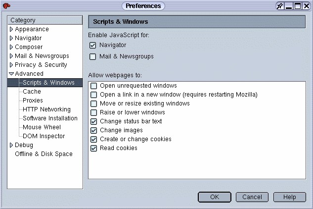 Disable JavaScript for Mozilla/Netscape email while leaving it on for Web browsing