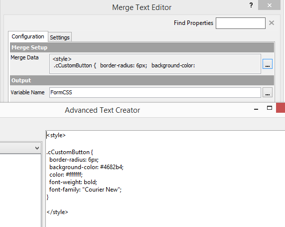 CSS code assembled into a Workflow variable using a Merge Text component. 2014-10-24_13-17-35.png