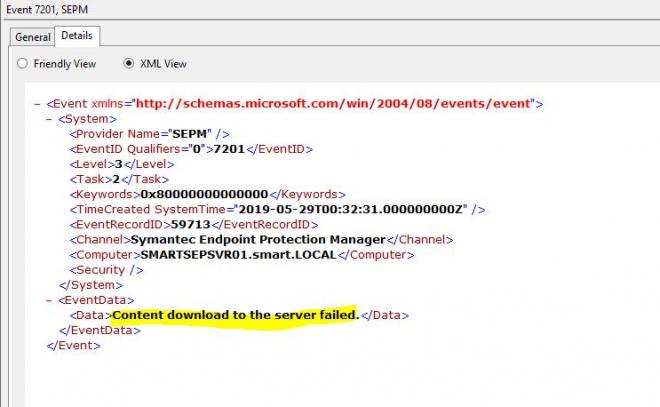 Info:Content download to the server failed. Symantec Endpoint ...
