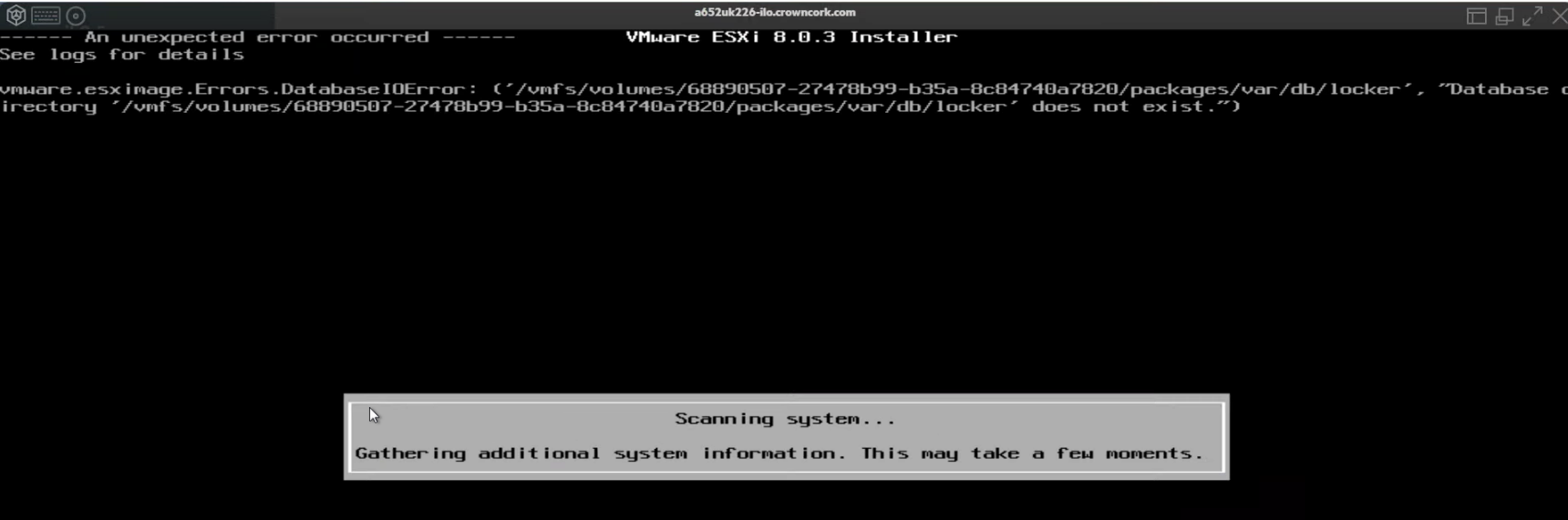 Vmware.esximage.Errors.Database IOError: (‘/vmfs/volumes/688590507-27xxx-baxx-8cxxx/package/var/db/locker’, Database directory ‘(‘/vmfs/volumes/688590507-27xxx-baxx-8cxxx/package/var/db/locker’ does not exists.”)