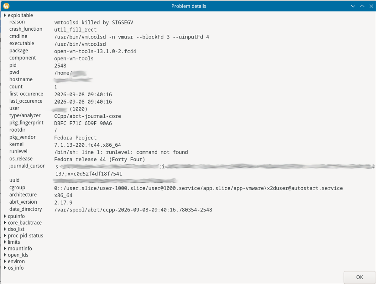 open-vm-toolds SIGSEGV