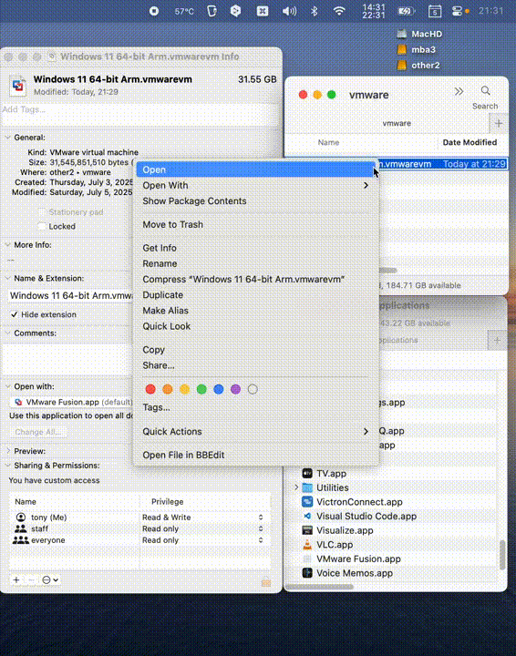 screen recording showing steps that allowed VMWare launch via icon in documents section of Dock