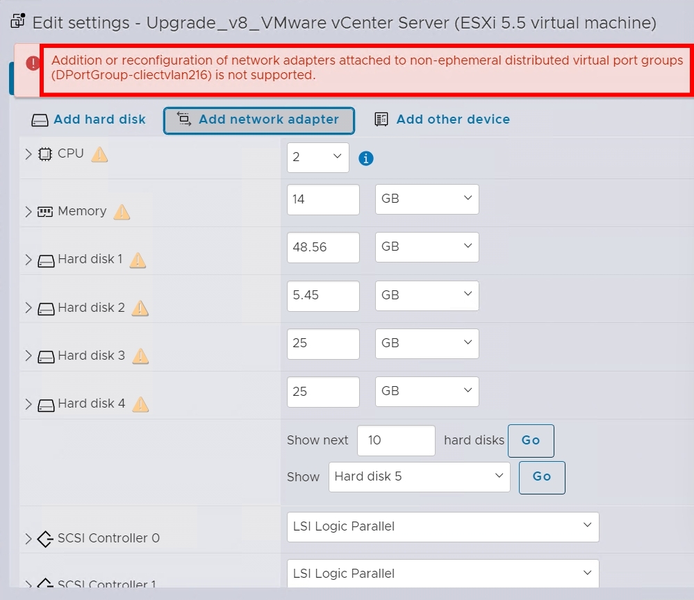 Inquiry about vCenter can't add network adapter vCenter