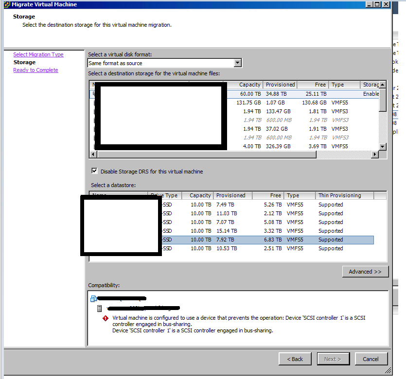 svmotion VM with shared scsi bus ESXi