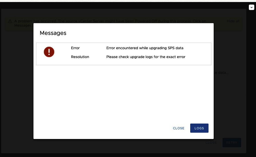 VCSA 7.0 upgrade failed at Import Vmware vpshere profile driven