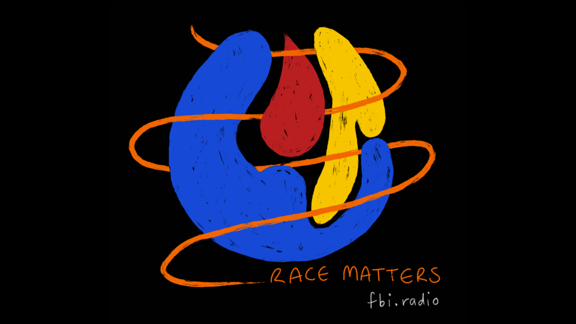 An abstract circle made up of blue, red and yellow with the words: Race Matters and fbi.radio.