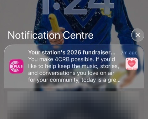 A screenshot showing a push notification from Community Radio Plus
