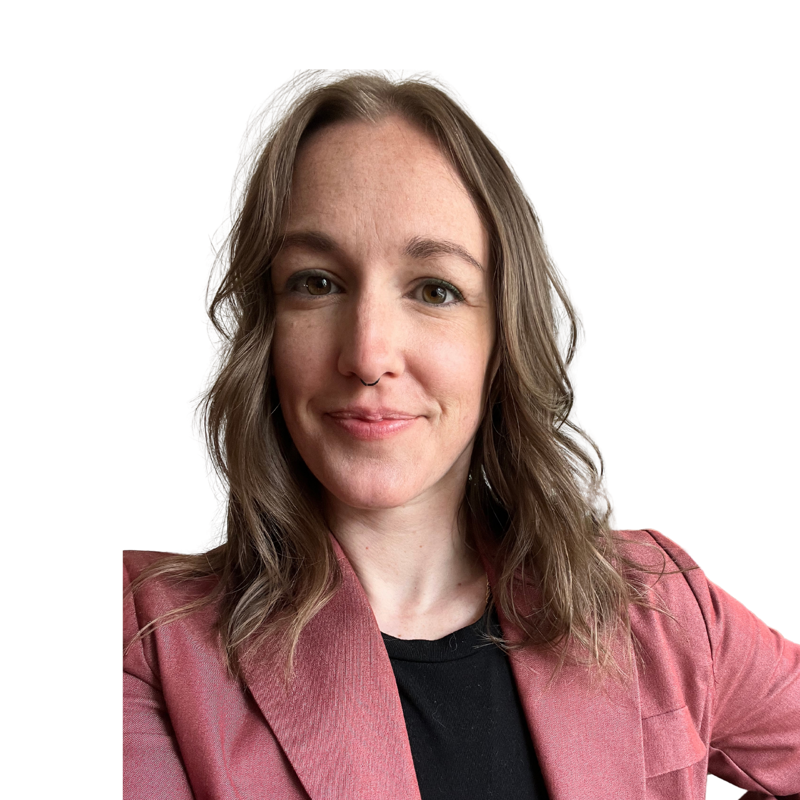 Brunette woman in light maroon top