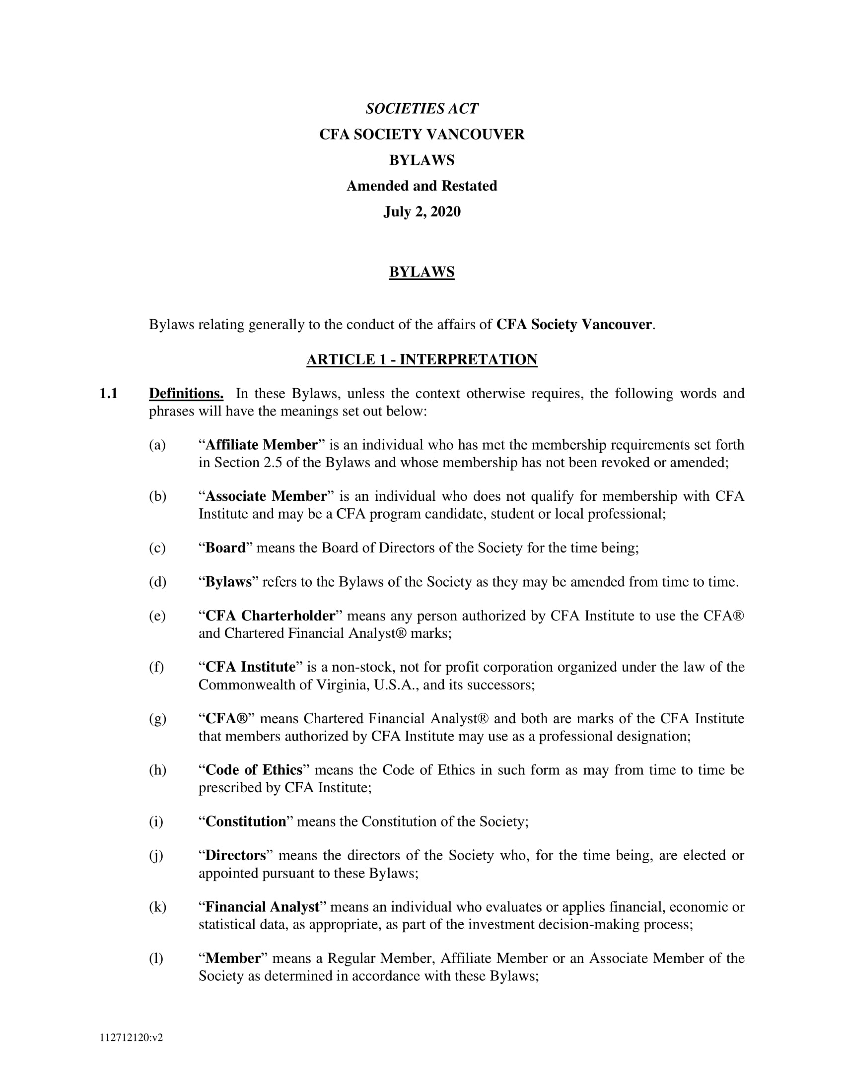 CFA Society Vancouver Bylaws