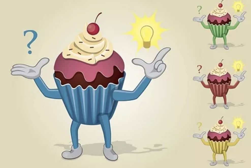 Graphic of anthropomorphic cartoon cupcakes with idea lightbulbs over their head.