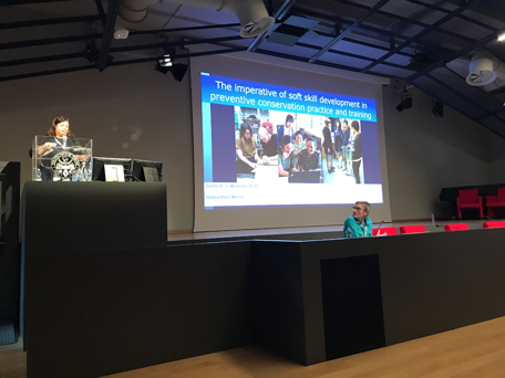 Dr. Joelle Wickens being introduced for the presentation of her paper, and Beth Parker Miller (Winterthur Registrar) discussing the poster she coauthored with Joelle on sustainable storage.