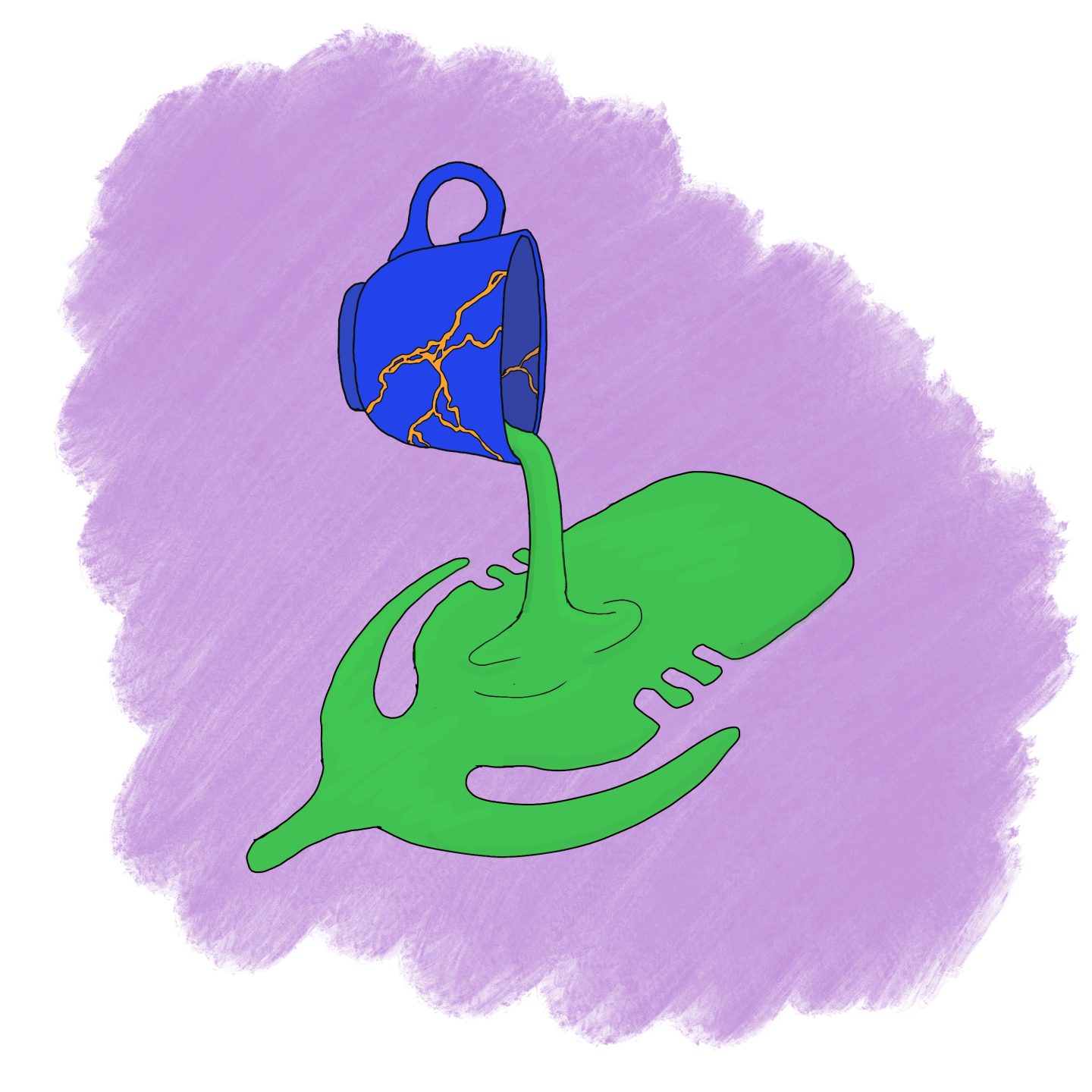 Green Tea's kintsugi globe teacup pouring out green liquid in the shape of a microphone on a purple background.