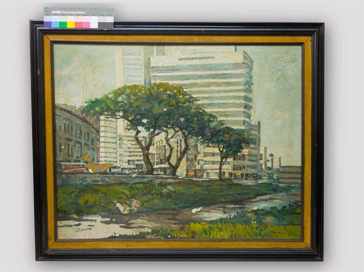 Featured Image An oil painting depicting a Malaysian urban landscape showing age-related paint loss after decades in a tropical environment.