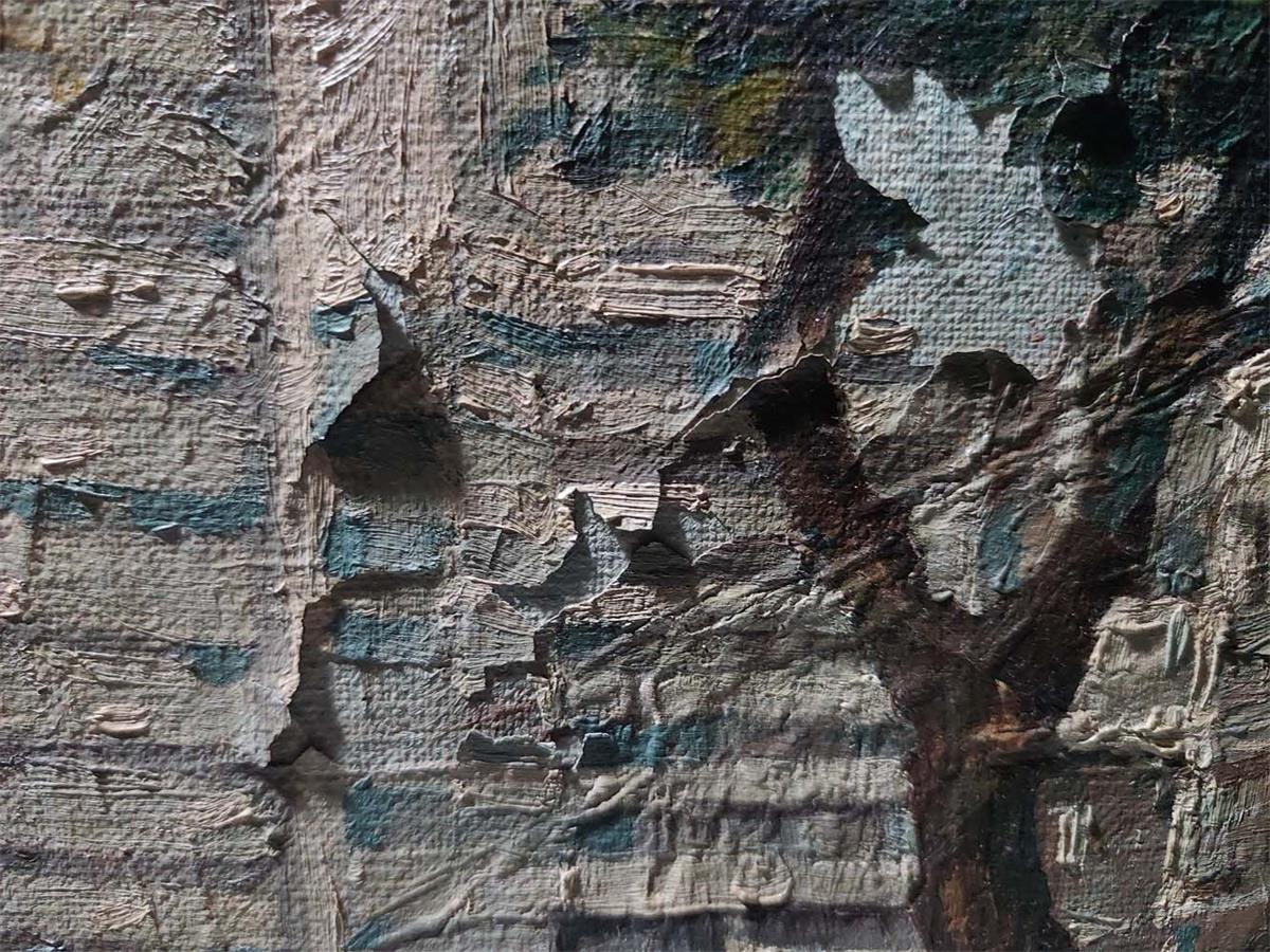 Paint Loss and Surface Deterioration on an Oil Painting in Malaysia Detail view of paint loss and surface deterioration observed on an oil painting in Malaysia. The image illustrates the types of condition issues frequently encountered in artworks that have spent many years in tropical environments.