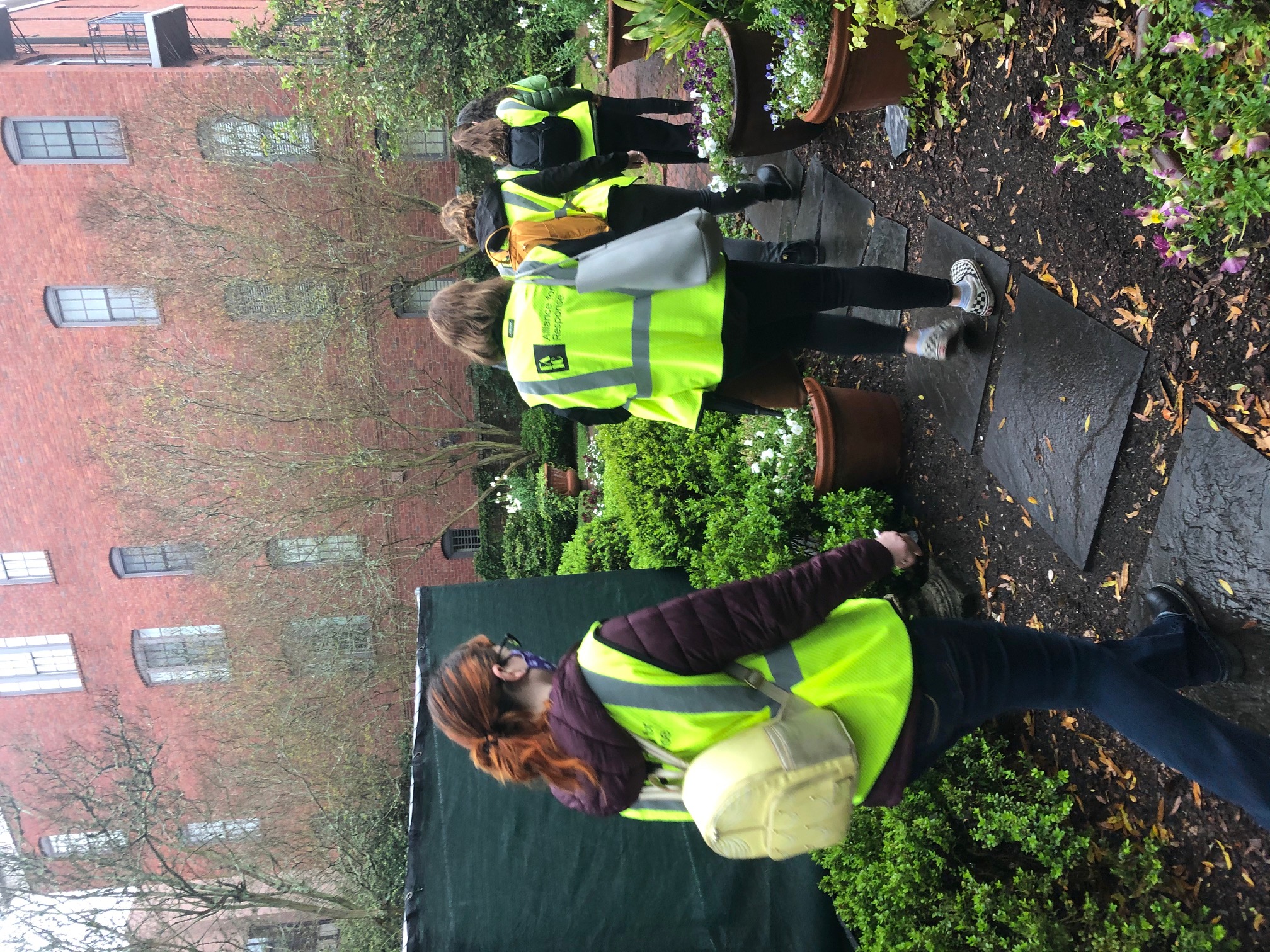 Image of several people in bright yellow vests walking away.