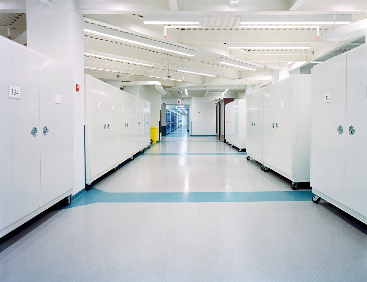Collection storage room with tall closed cabinets along a long hallway