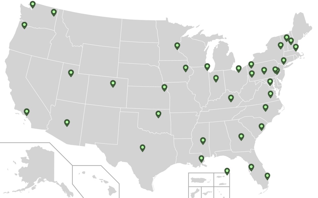 Map of the U.S. with green pins