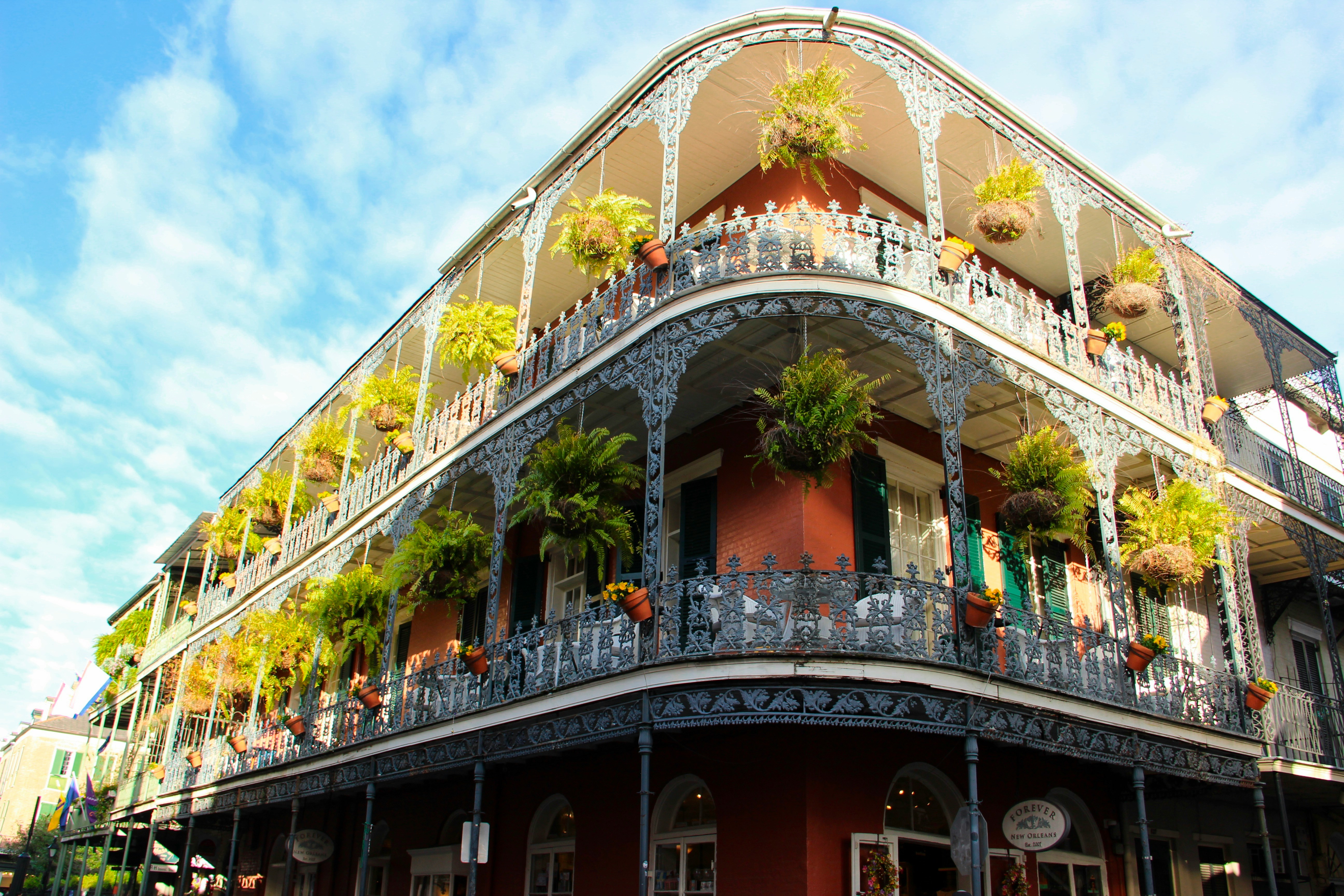 Building with balconies and plants along railings