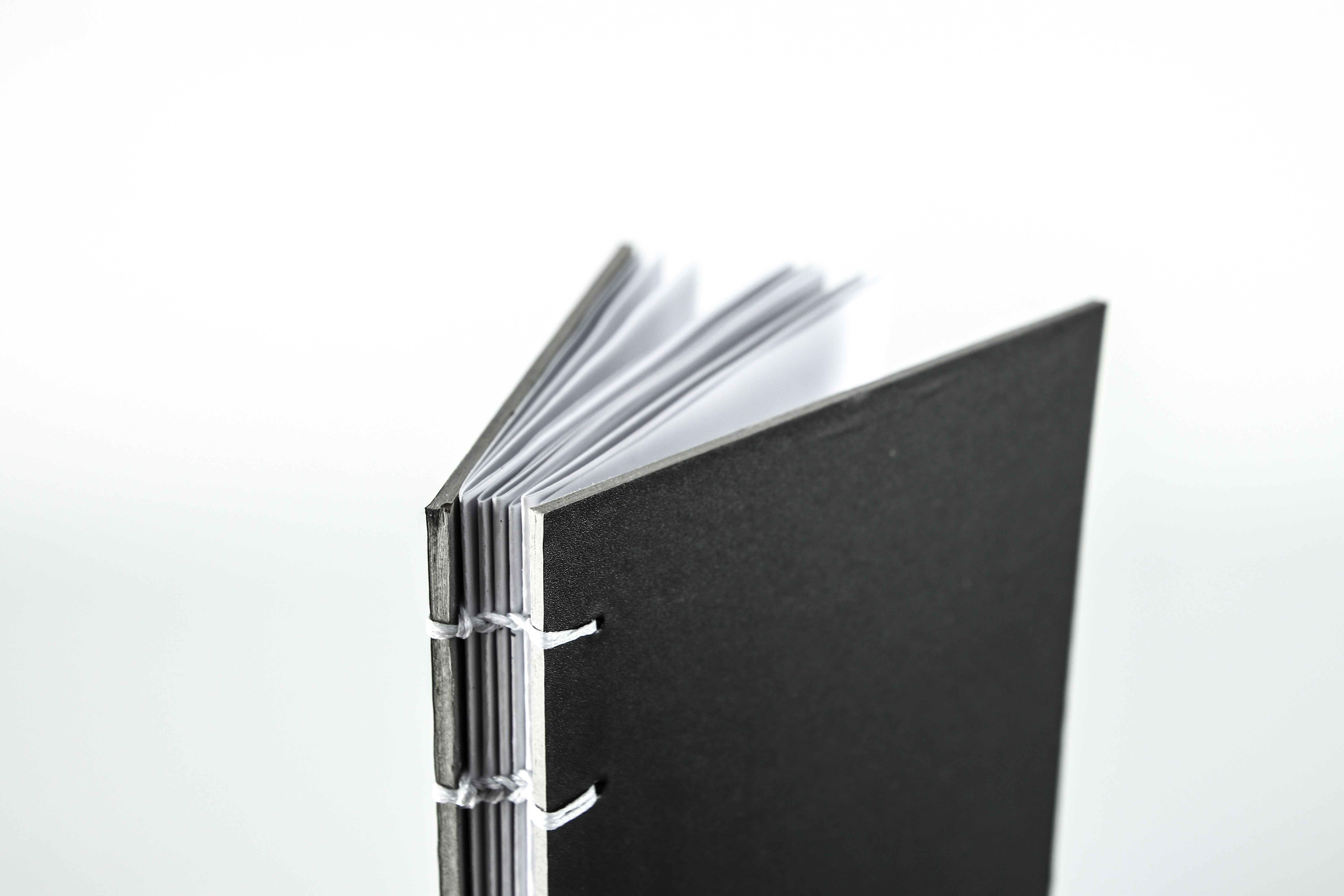 Black notebook fanned open