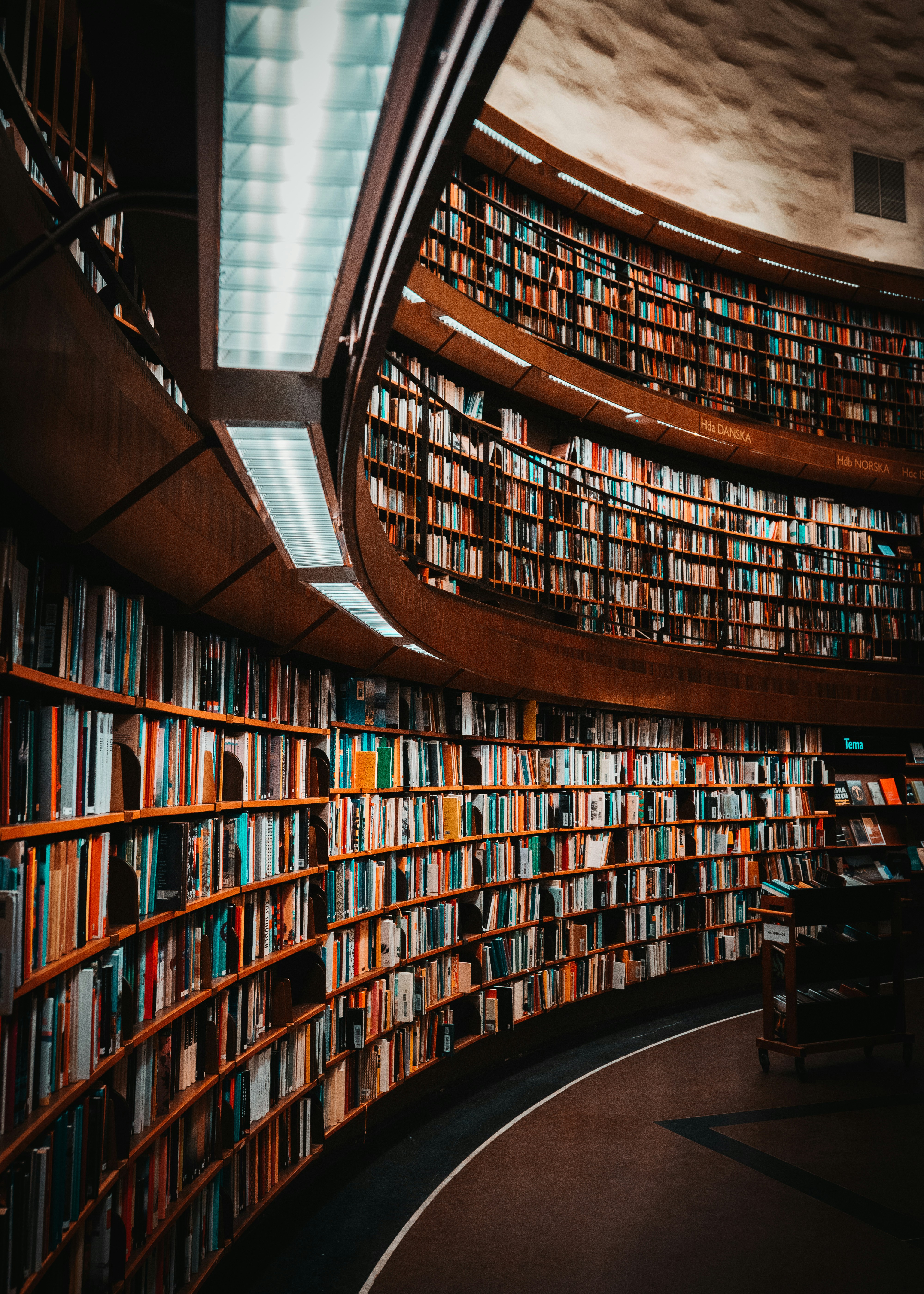 View of a library room with shelves of books floor to ceiling