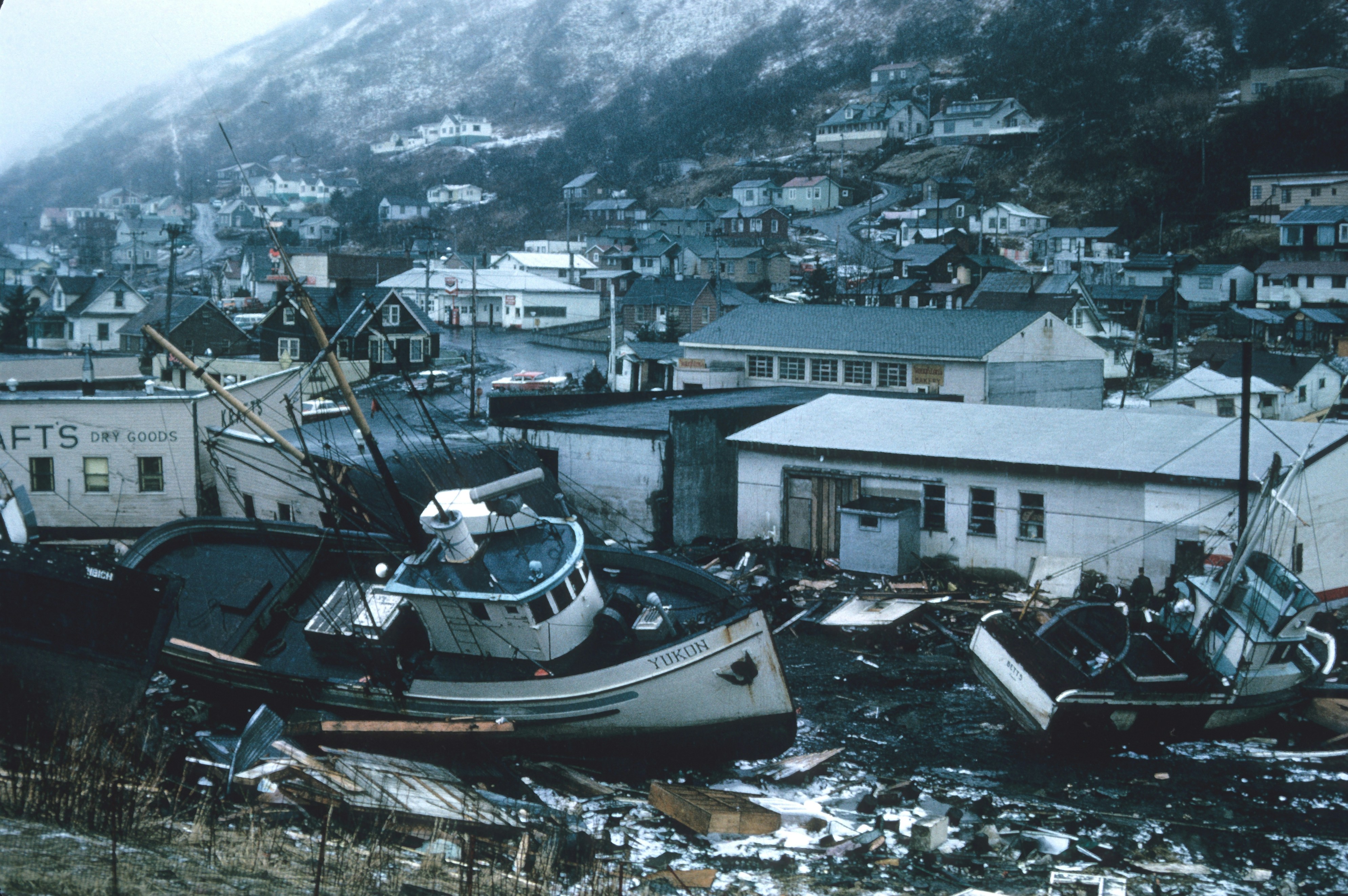 Town buildings and boat destroyed by disaster