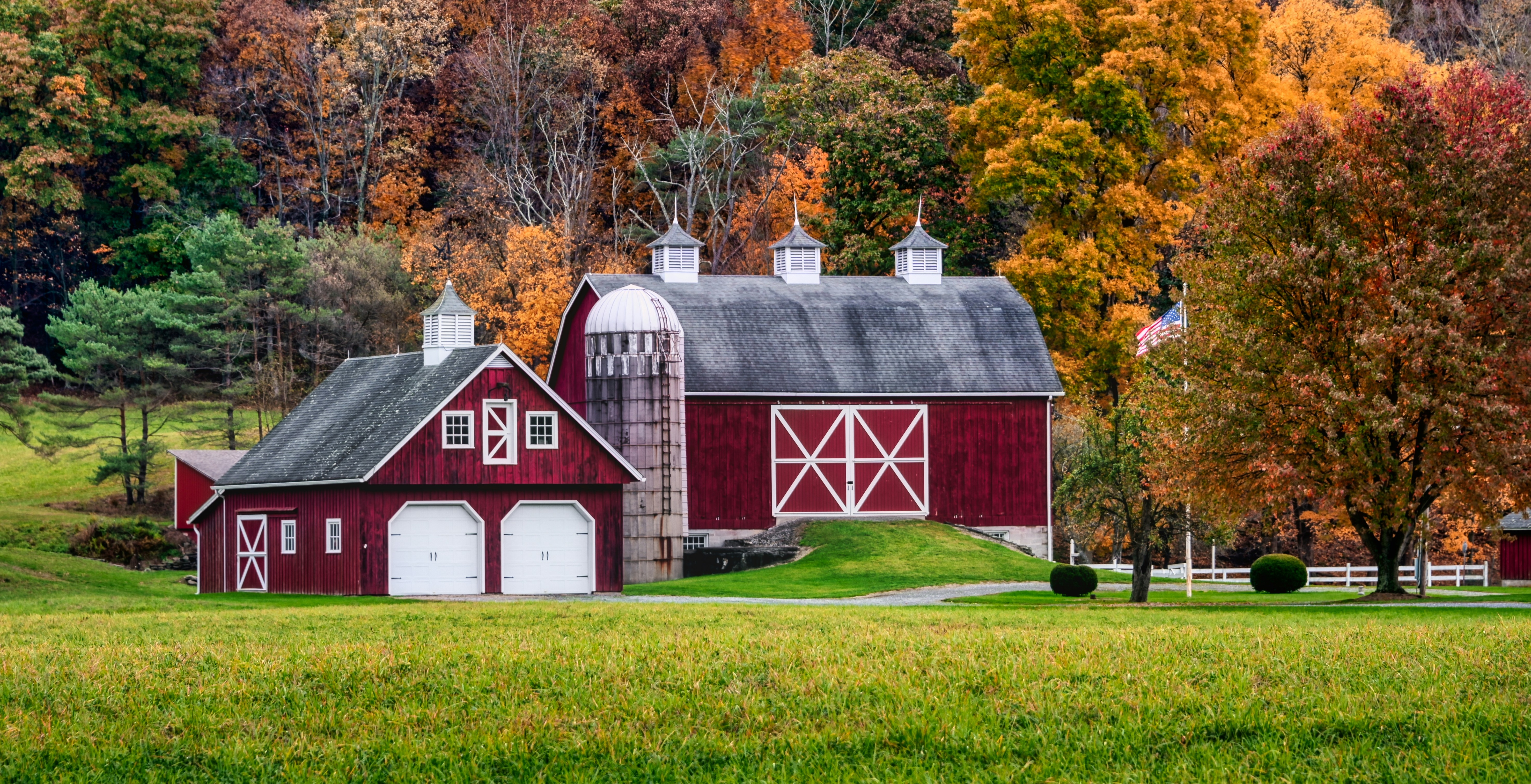 Red barns in a green field surrounded by trees in fall color