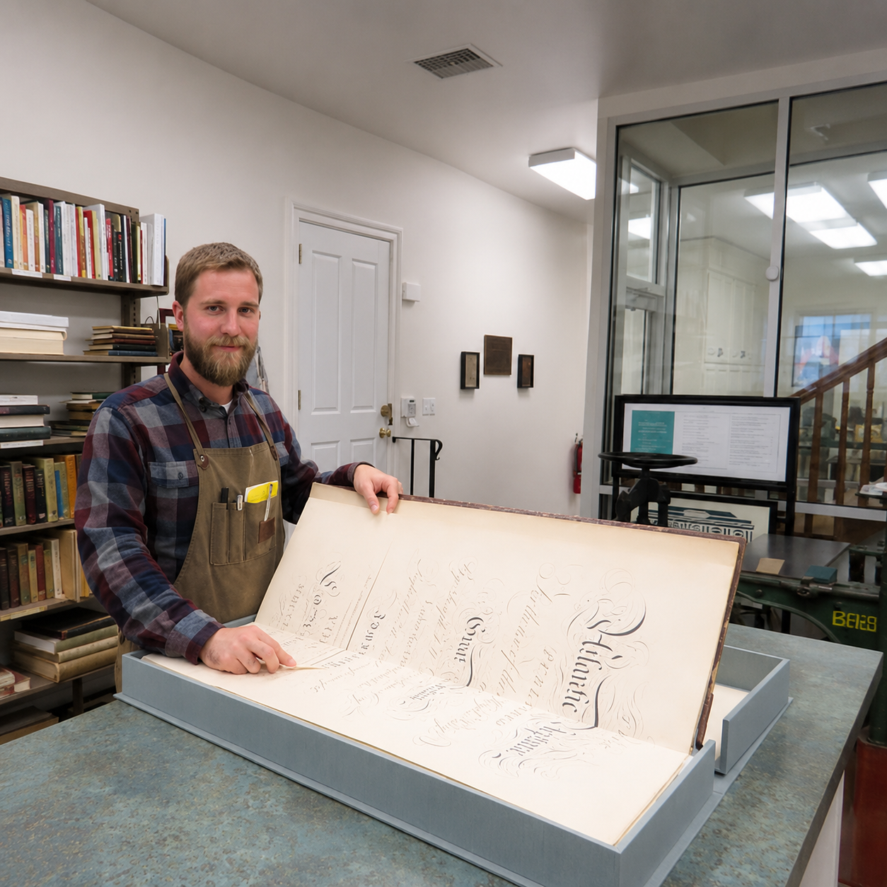 James Davis holds an oversized book open on a table