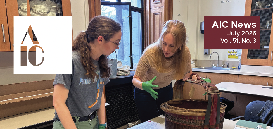 Two people look at baskets on a work table