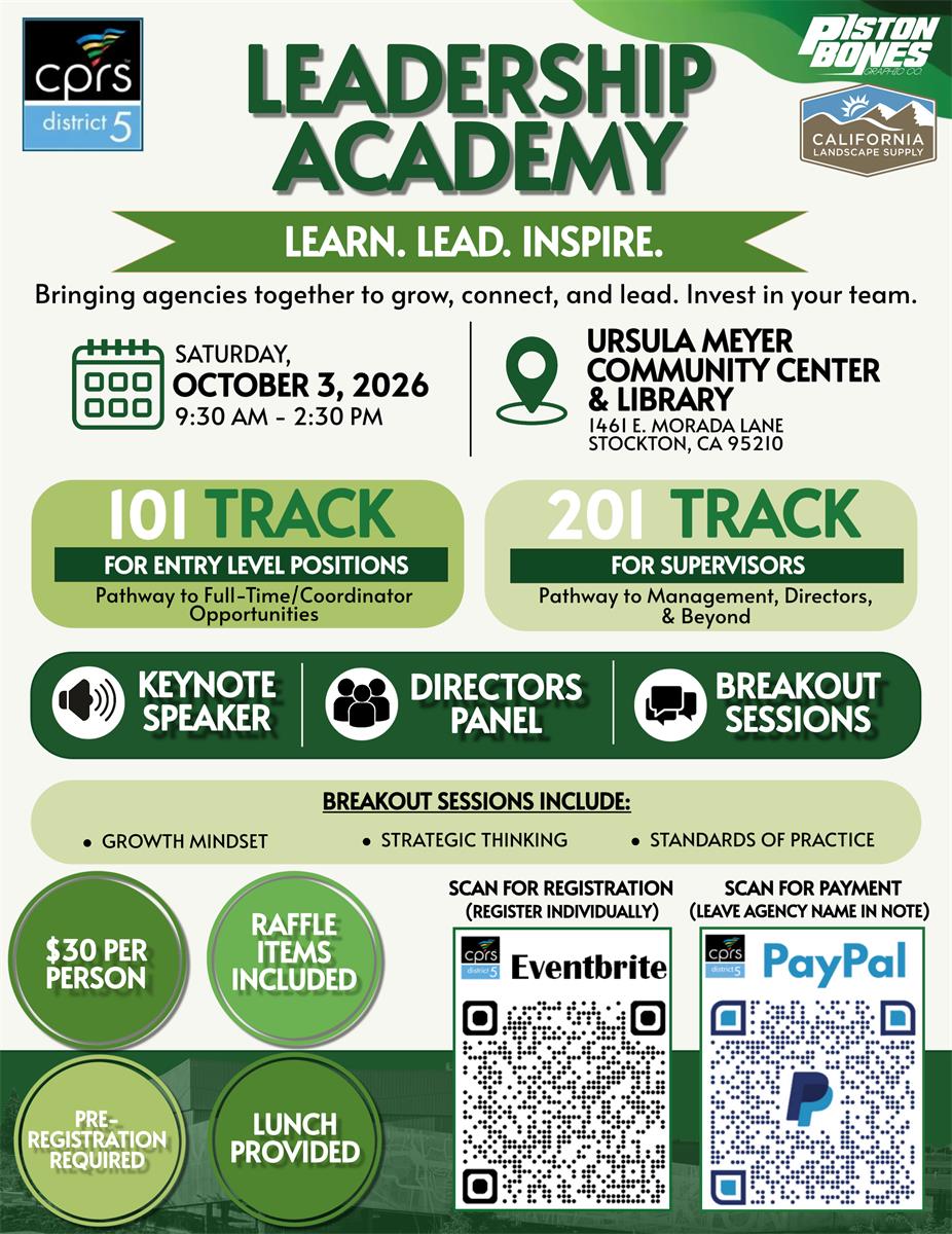 Leadership Academy | Saturday, October 3, 2026 | 9:30AM-2:30PM | Ursala Meyer Community Center and Library 1461 E Morada Lane, Stockton | $30 er person