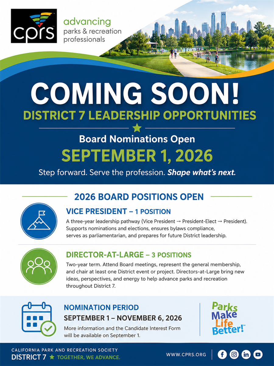 CPRS District 7 leadership opportunities graphic announcing Board nominations opening September 1, 2026, for one Vice President and three Director-at-Large positions, with nominations closing November 6, 2026.