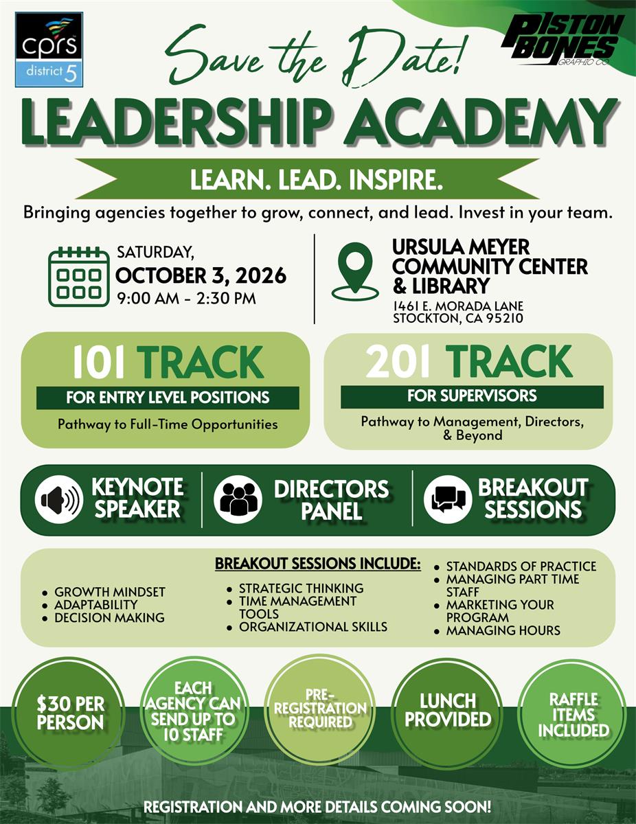 Save the Date for the upcoming District 5 Leadership Academy held on October 3, 2026 from 9:30am-2:30pm| Registration $30 | Limited Capacity
