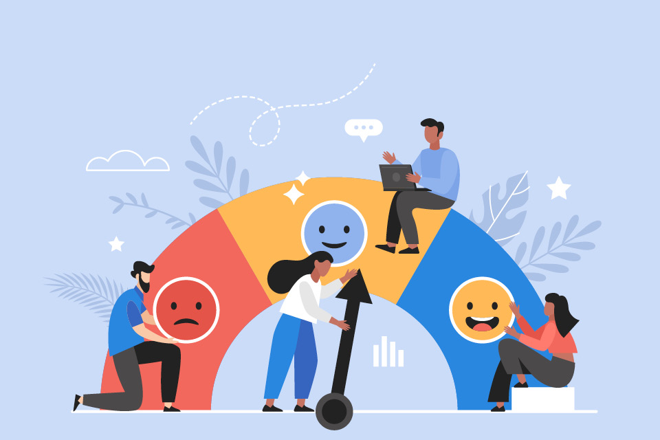 Graphic image of people holding smile emojis