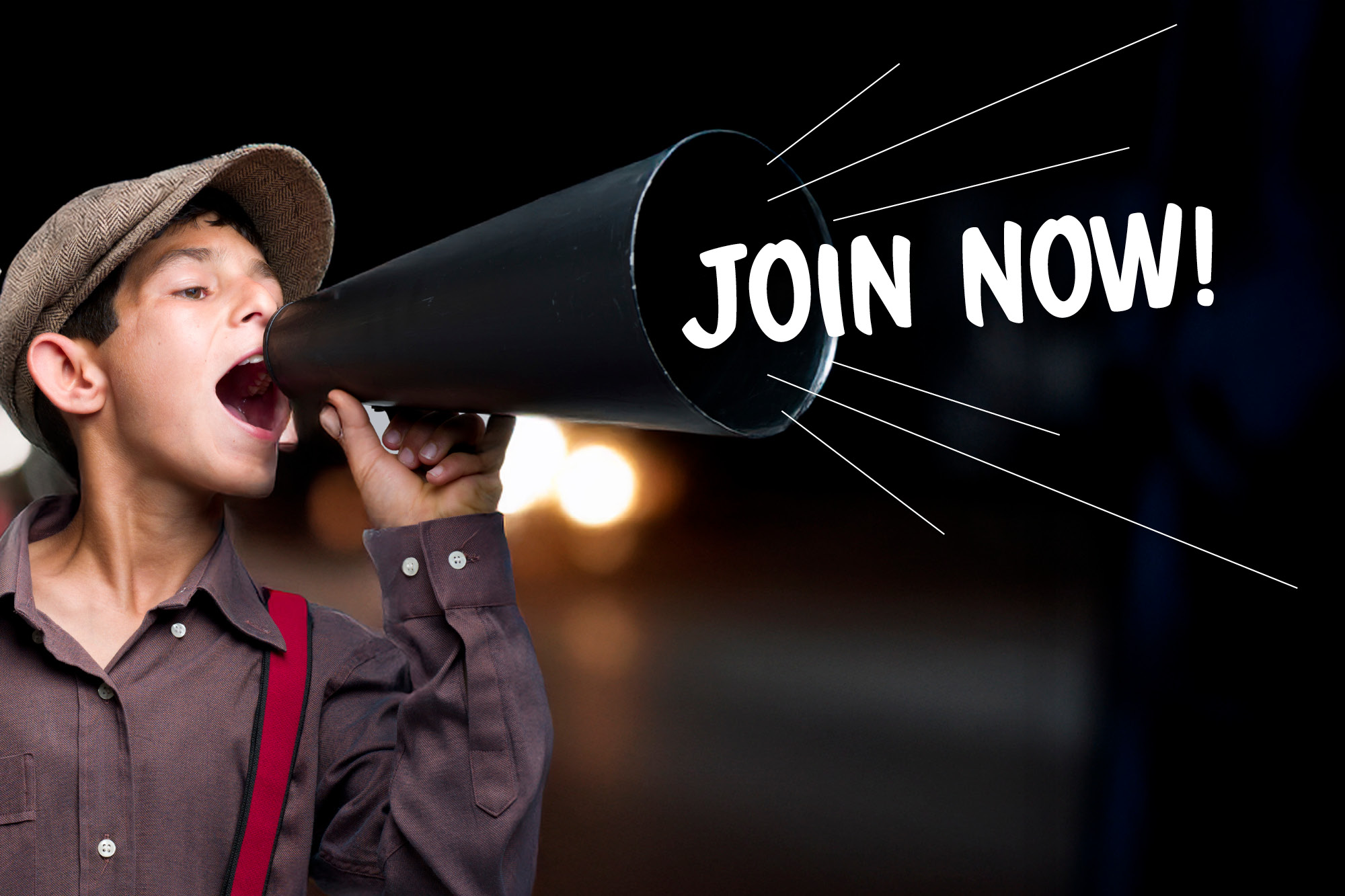 Graphic of a boy holding megaphone and shouting "Join Now!"