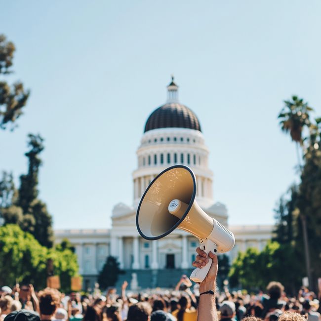 Person holding up a megaphone in front of a crowd by the California State Capitol.