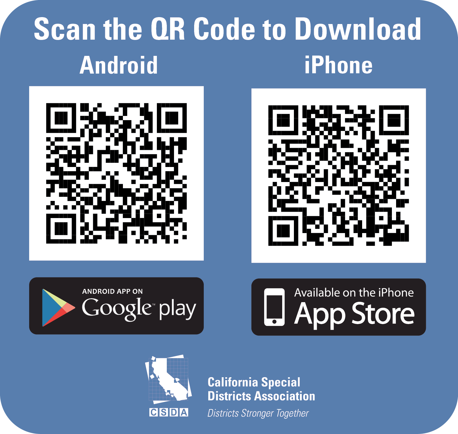 QR Codes for accessing CSDA's The Hub on Android and iPhones