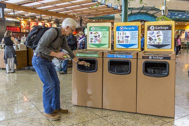 Man disposing of waste in recycling bin
