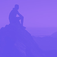 Graphic of a pensive looking person sitting on a mountain.