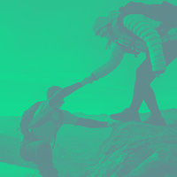 Graphic of a two hikers helping each other up a mountain.